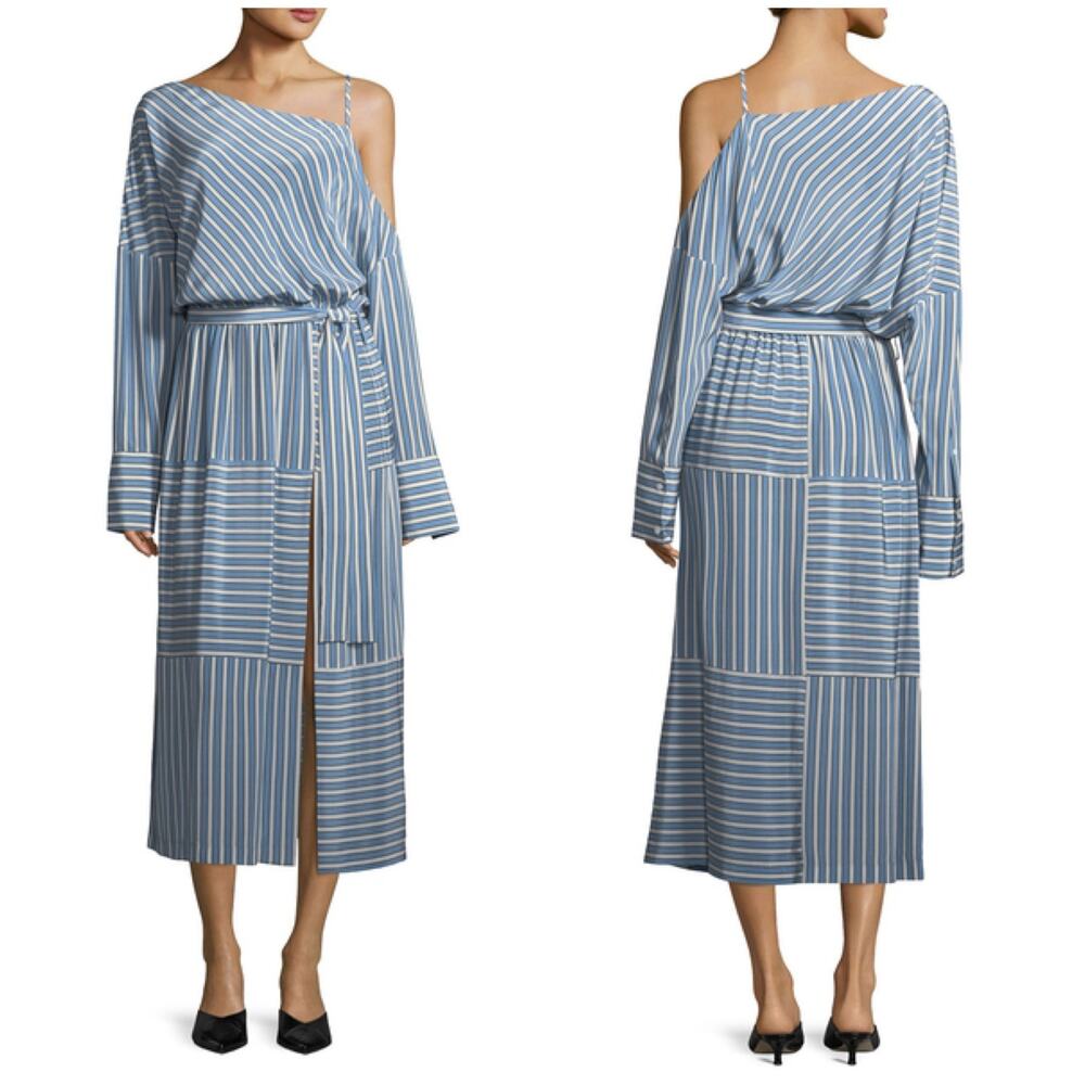 Robert Rodriguez Cold-Shoulder Striped 100% Silk Midi Dress Size Medium Chic